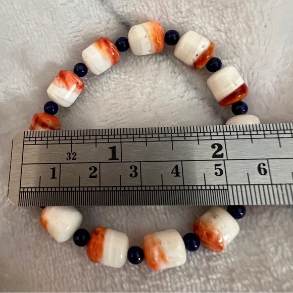 12mm Spiny Oyster & Lapis Lazuli Southwestern Stretchy Bracelet Size 5.75+ - Picture 8 of 11